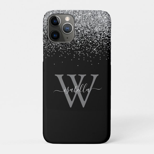 Coques Case-Mate iPhone Élégant script monogrammé argenté noir paillettes (Dos)