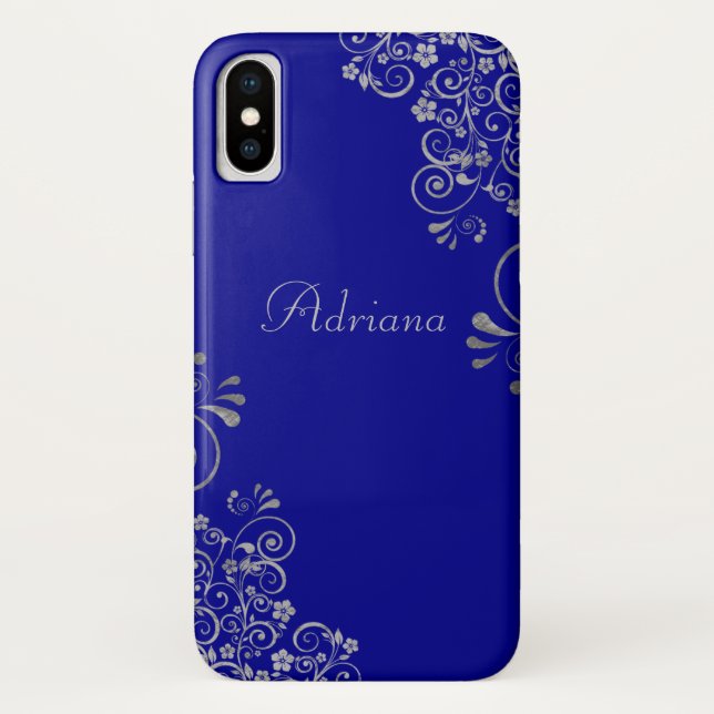 Coques Case-Mate iPhone Élégant script personnalisé de l'Argent bleu (Dos)