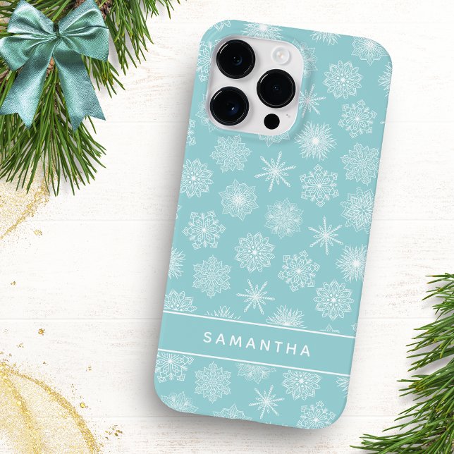 Coques Case-Mate iPhone Élégant Snowflakes Noël Turquoise bleu Monogramme (Créateur téléchargé)