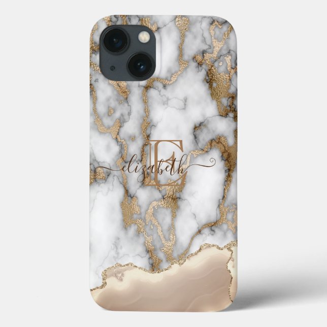 Coques Case-Mate iPhone Élégant style doré pailleté crème marbre monogramm (Verso)