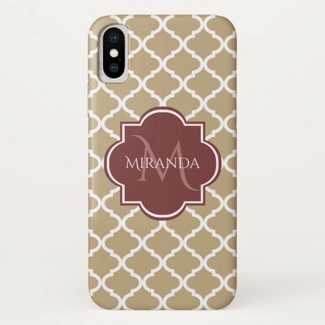 Coques Case-Mate iPhone Élégant Tan Quatrefoil Bourgogne Monogramme et nom (Dos)