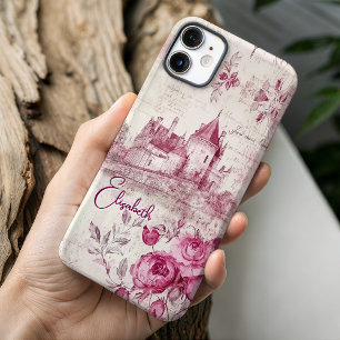 Coque iPhone 16 Pro Élégant Toile de Jouy Rose Monogramme Château Flor