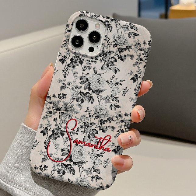 Coques Case-Mate iPhone Élégant toile noir blanc monogramme rouge (Créateur téléchargé)