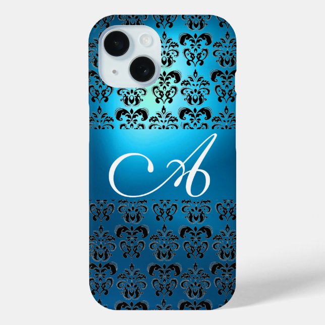 COQUES Case-Mate iPhone ÉLÉGANT TURQUOISE AQUA BLEU BLACK DAMASK MONOGRAM (Verso)