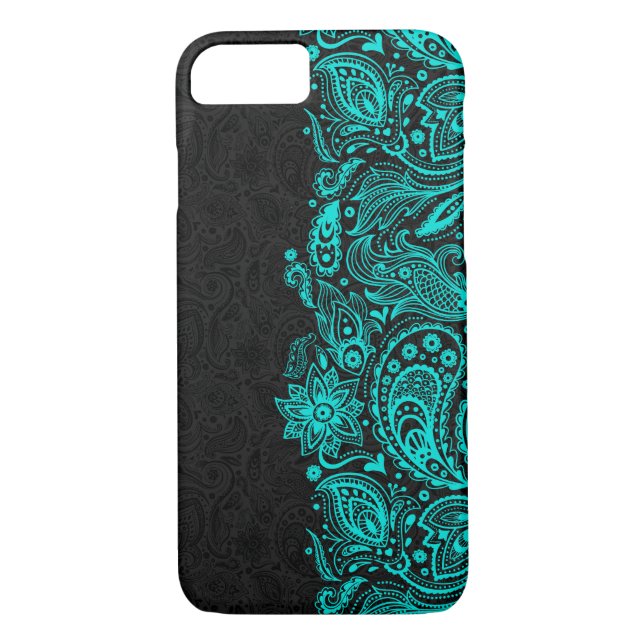 Coques Case-Mate iPhone Elégant Turquoise & Black Floral Paisley dentelle (Dos)