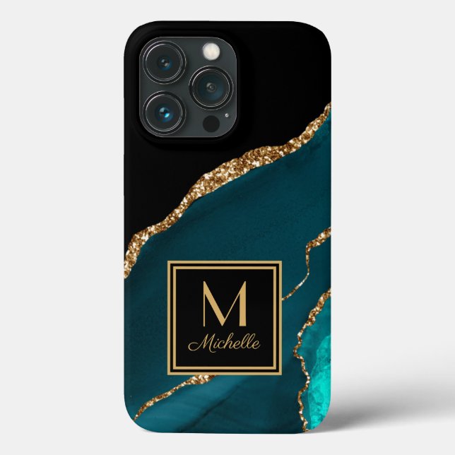 Coques Case-Mate iPhone Élégant Turquoise Noir Monogramme Or Nom initial (Verso)