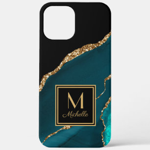 Case-Mate iPhone Case Élégant Turquoise Noir Monogramme Or Nom initial