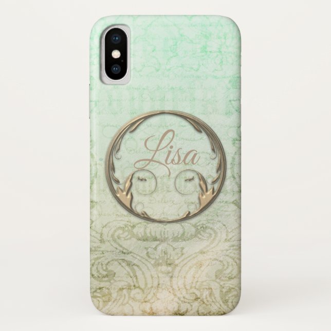 Coques Case-Mate iPhone élégant vert or écriture damas victorien (Dos)