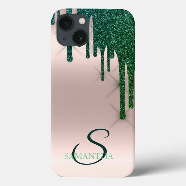 Coques Case-Mate iPhone Élégant Vert Paillettes Gouttes Rose Gold  (Verso)