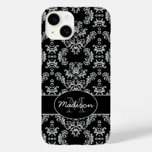 Coque Pour iPhone 14 Élégant vintage blanc damassé noir Monogramme