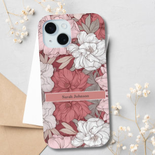 Coque Case-Mate iPhone Élégant Vintage rose et blanc Floral Nom personnal