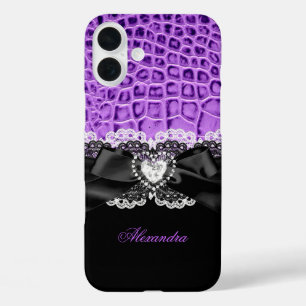 Coque Pour iPhone 16 Plus Elégant Violet Noir Animal Nœud Cœur Dentelle 2