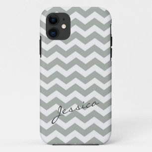 Coques Pour iPhone Elégant zigzag de chevron gris avec nom