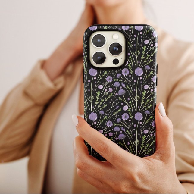 Coques Case-Mate iPhone Elégante aquarelle violet Fleurs vert noir (Créateur téléchargé)