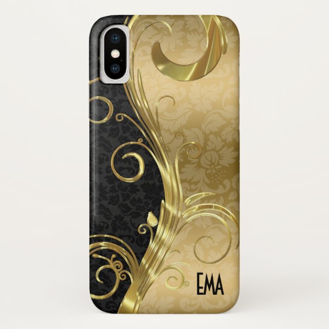 Coques Case-Mate iPhone Elégante Black Damask Gold Swirls (Dos)