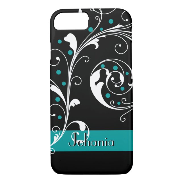 Coques Case-Mate iPhone Élégante feuille de rouleau floral noir turquoise (Dos)