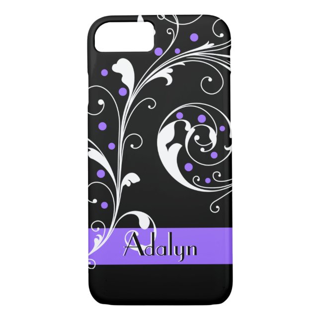 Coques Case-Mate iPhone Élégante feuille de rouleau floral noir violet fle (Dos)
