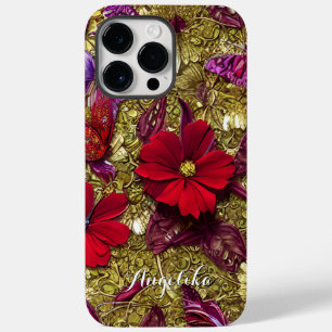 Coque Case-Mate iPhone Elégante Fleurs Rouge et Or Nom personnalisé