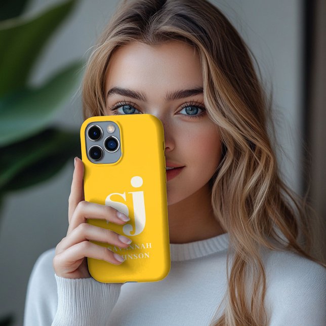 Coques Case-Mate iPhone Élégante initiales de monogramme jaune vif (Créateur téléchargé)