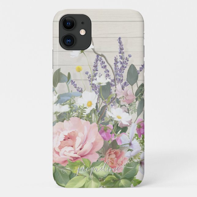 Coques Case-Mate iPhone Élégante Lavande de pivoine rose Bois rustique flo (Dos)