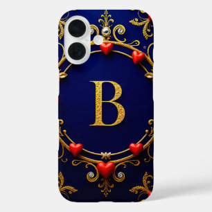 Coque Pour iPhone 16 Élégante lettre d'or B entourée de Coeurs