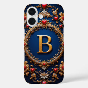 Coque Pour iPhone 16 Élégante lettre d'or B entourée de Coeurs