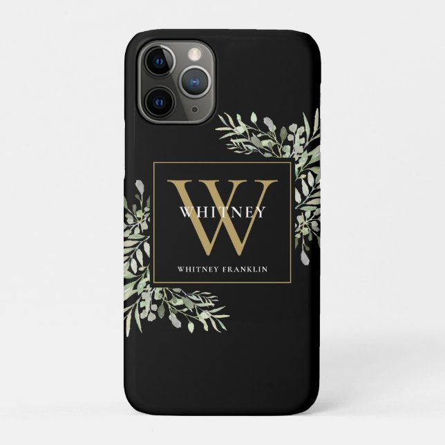 Coques Case-Mate iPhone Élégante Modernité Végétale Monogramme Noir Or (Dos)