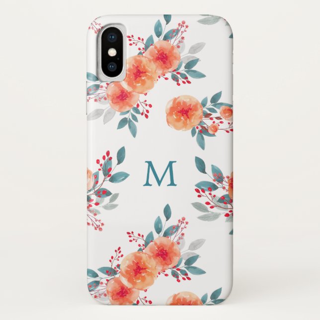 Coques Case-Mate iPhone Elégante Pêche & Monogramme Floral Vert (Dos)