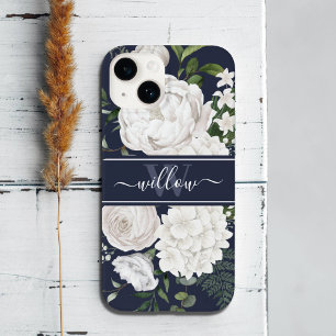 Coque Case-Mate iPhone Elégante Roses Blanches Verdure Marine Bleu Monogr