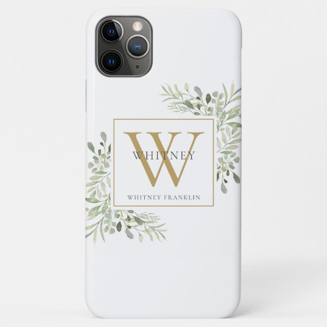 Coques Case-Mate iPhone Élégante verdure de monogramme doré moderne (Dos)