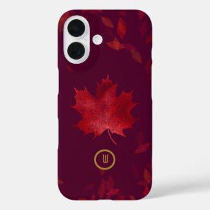 Coque Pour iPhone 16 Élégantes feuilles d'automne rouge et or bordeaux