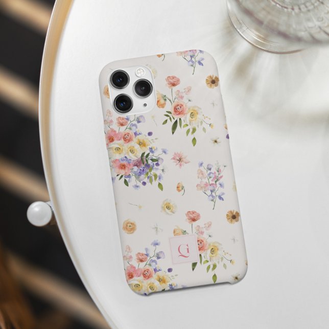 Coques Case-Mate iPhone Élégantes Fleurs Sauvages Boho | Monogramme Initia (Créateur téléchargé)