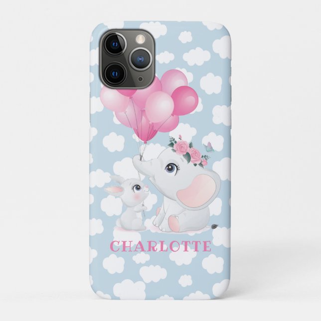 Coques Case-Mate iPhone Éléphant et Lapin Féminins avec Fleurs et Ballon (Dos)