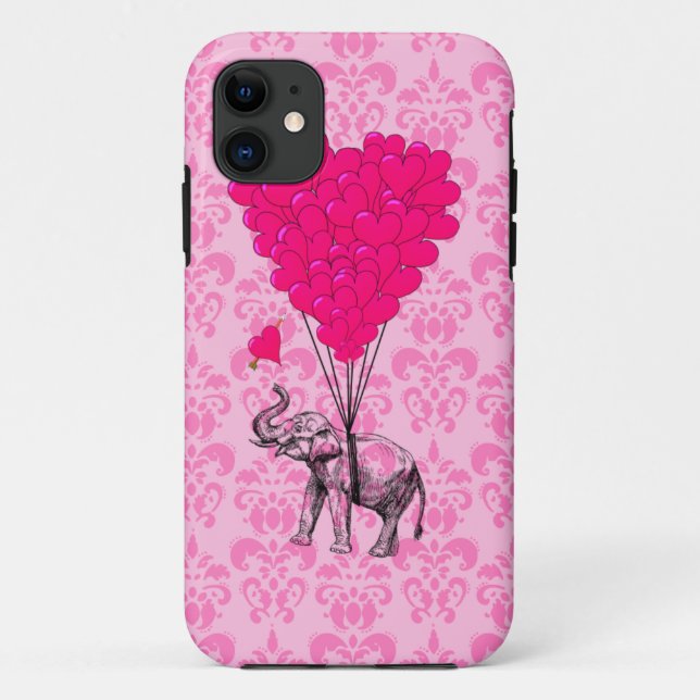 Coques Case-Mate iPhone Elephant tenant coeur sur damas rose (Dos)