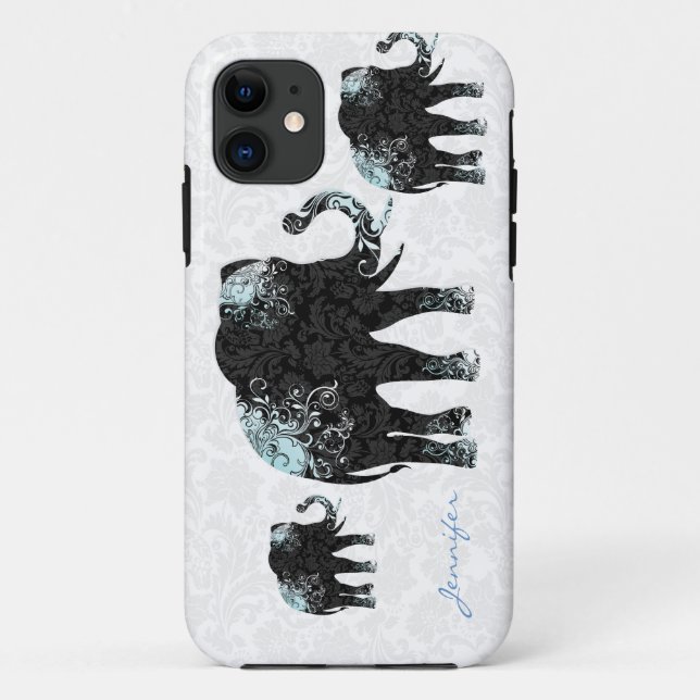 Coques Case-Mate iPhone Eléphants et Damas noirs blancs et bleus (Dos)