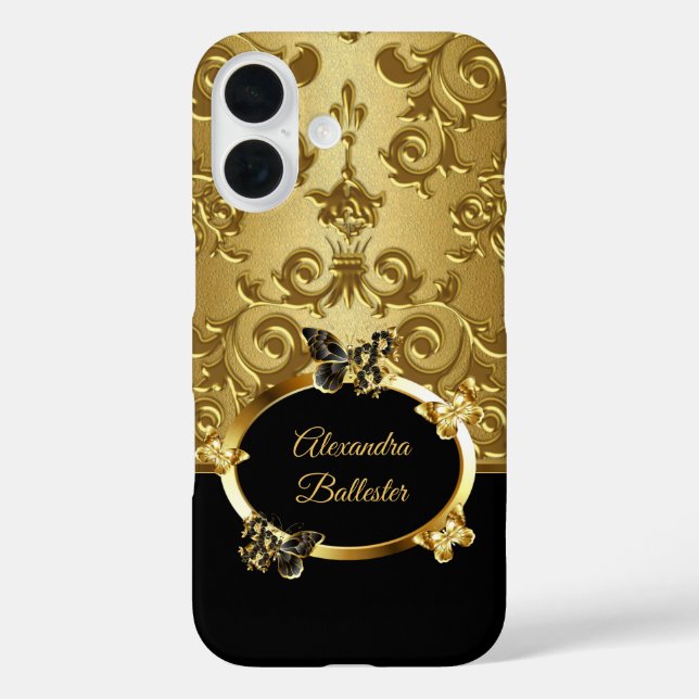 Coques Case-Mate iPhone Elite Elegant Damask Floral Butterfly Gold Black (Verso)