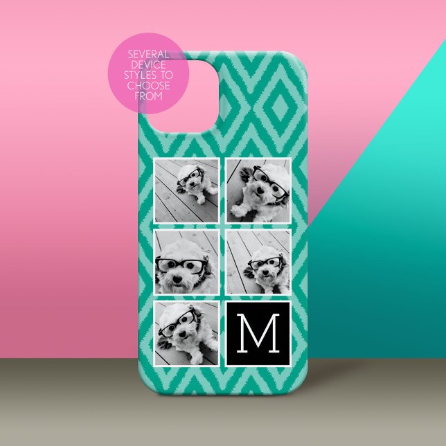 Coques Case-Mate iPhone Emerald & Black Instagram 5 Photo Collage Monogram (Personalized Phone Case with Custom Photos and Text - Pick Your Device Style)