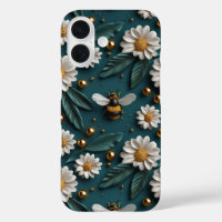Emerald Green 3D Bees Daisy Flowers Bumble