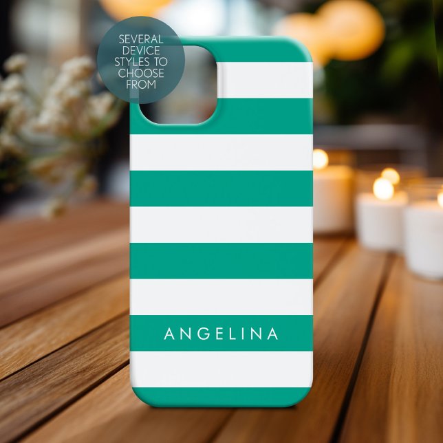 Coques Case-Mate iPhone Emerald Green & White Stried Motif Nom personnalis (Personalized Phone Case)