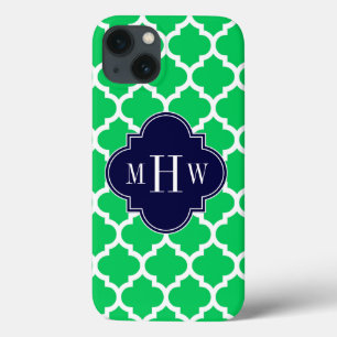 iPhone 13 Case Émeraude Blanc Marocain #5 Navy 3 Initial Monogram