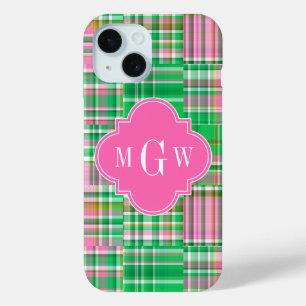 Coque Pour iPhone 15 Émeraude Rose Chaud Prépa Patchwork Madras Monogra