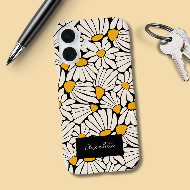 Coques Case-Mate iPhone Empreinte de bloc de matie florale jaune noir (Black and mustard yellow retro phone case in feminine boho floral pattern. Add your own name/initial)