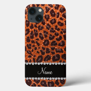 Etui iPhone 13 Empreinte de léopard de parties scintillant orange