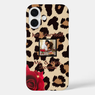 Coque Pour iPhone 16 Empreinte de léopard Red Rose M. et Mme Texte Phot