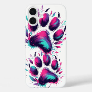 COQUE POUR iPhone 16 PLUS EMPREINTES DE PATTE DE CHIEN TURQUOISE ET ROSE CHA