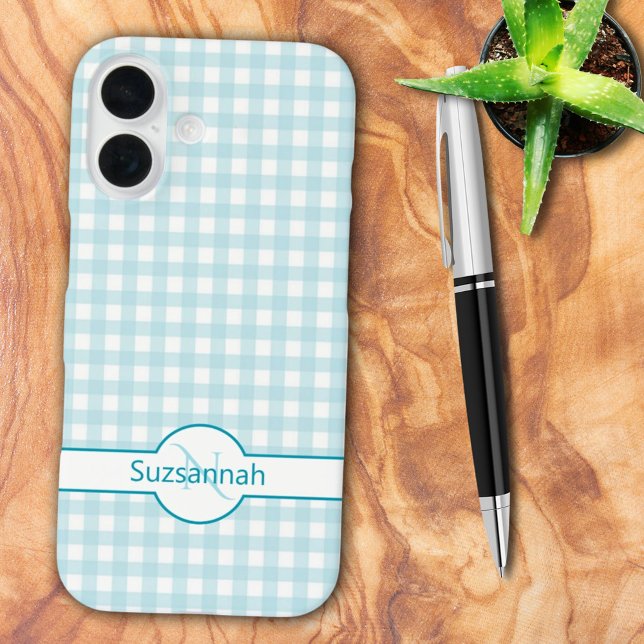 Coques Case-Mate iPhone En vichy bleu Vérifier Monogramme Personnalisé Coq (iPhone case back with template name and monogram)