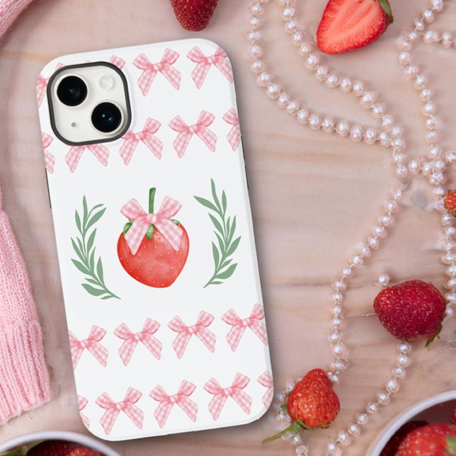 Coques Case-Mate iPhone En vichy rose fraise preppy Bows Laurel Wreath (iphone case with pink gingham bows and strawberry logo by Darling and May)