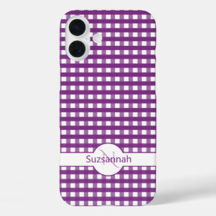 Coque Pour iPhone 16 Plus En vichy Violet Vérifier Monogramme Personnalisé C