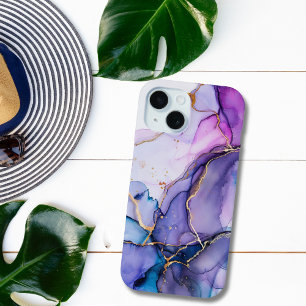 Coque Case-Mate iPhone Encre à alcool Marbre Aquarelle Or Bleu Violet