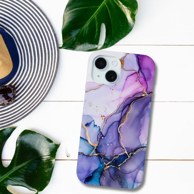 Coques Case-Mate iPhone Encre à alcool Marbre Aquarelle Or Bleu Violet (Purple Blue Gold Watercolor Alcohol Ink Abstract Pattern iPhone Samsung Phone case)